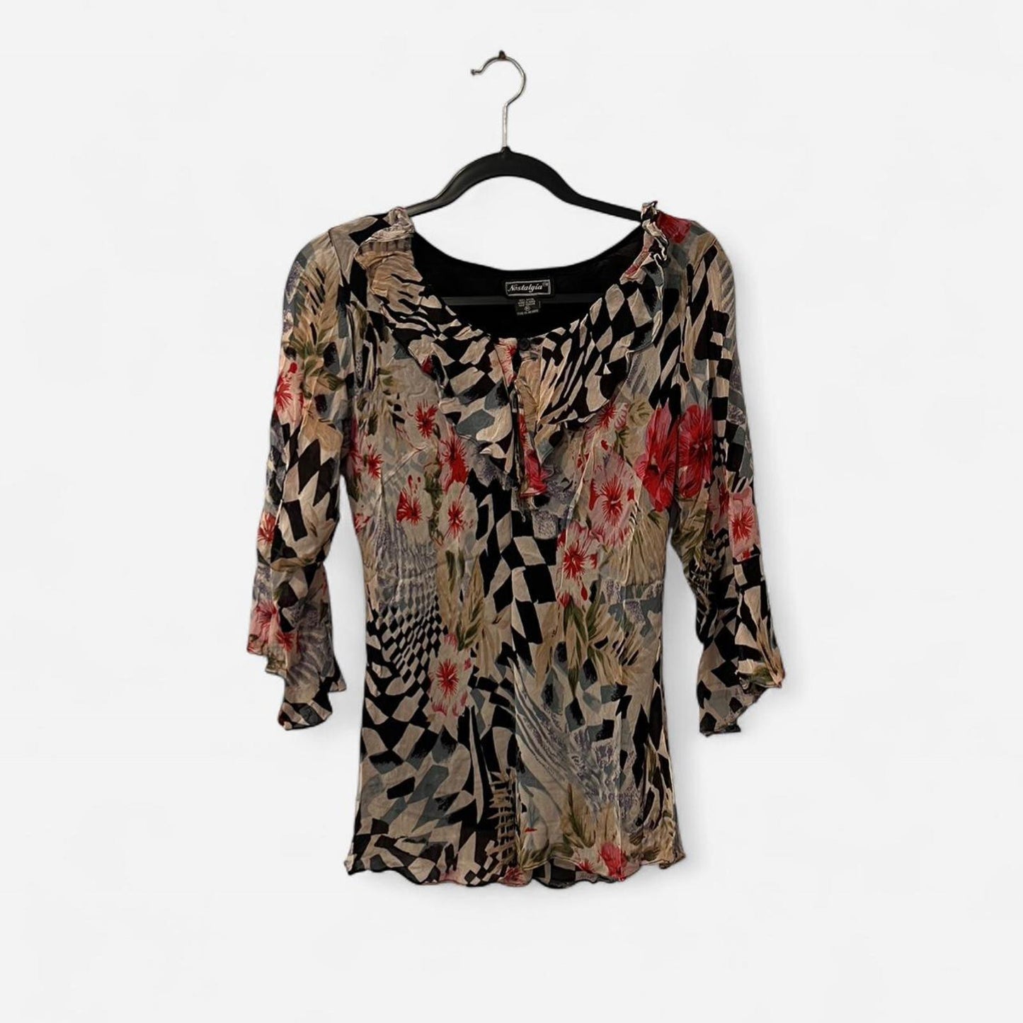 Vintage 90s Sheer Floral Ruffle Blouse