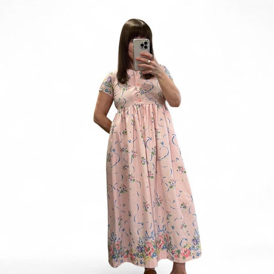 Vintage Handmade Prairie Floral Midi Dress Pink Cottagecore