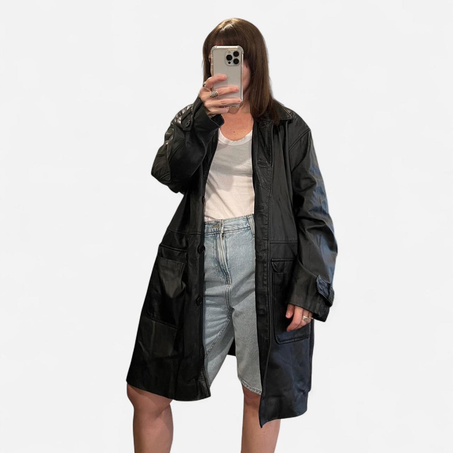 Vintage 90’s Black Leather Trench Coat Minimal Midi Jacket L