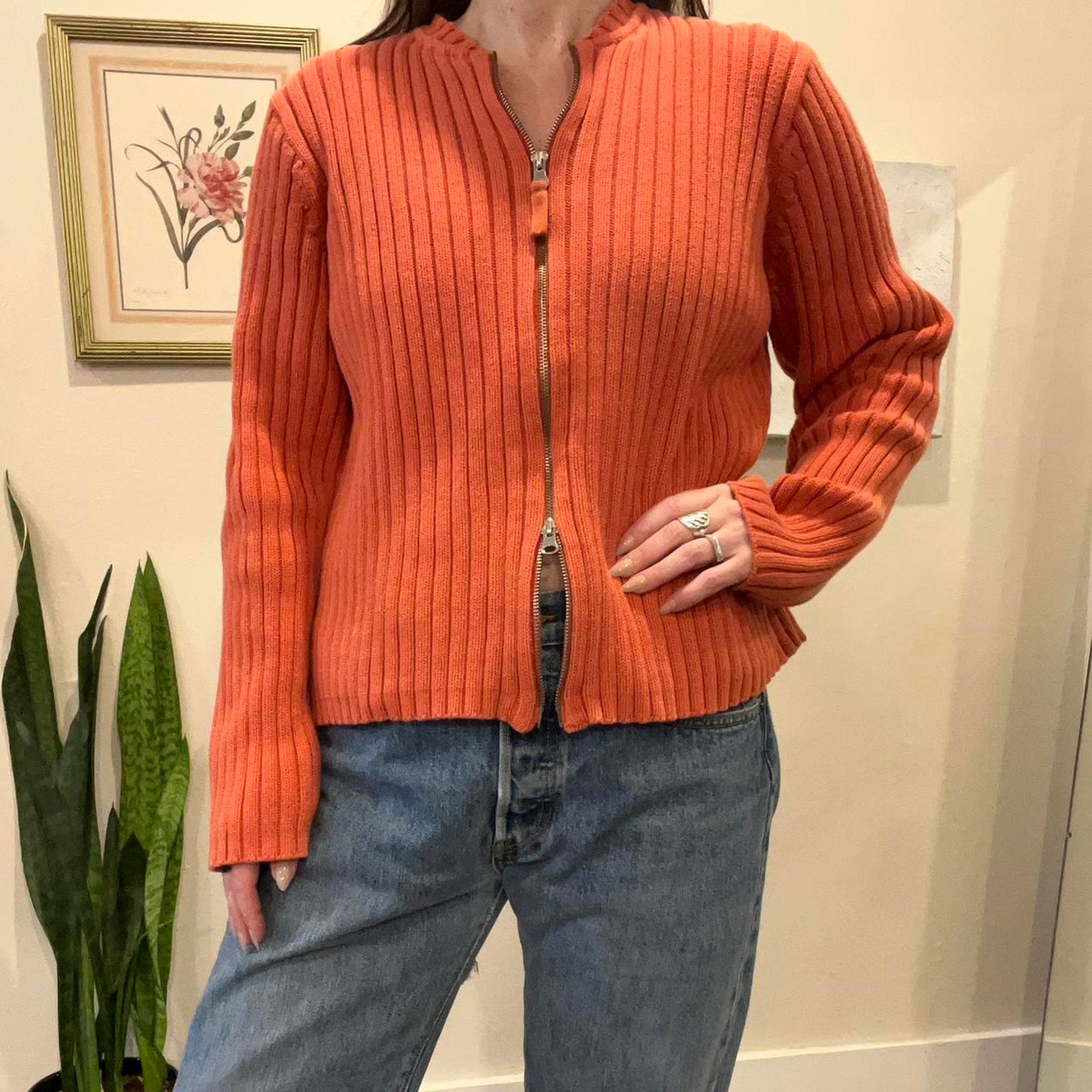 Y2K Orange Ribbed Zip-Up Cardigan