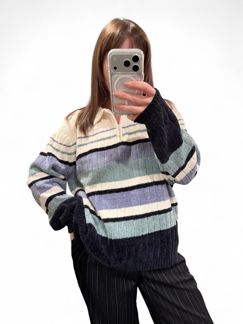 Vintage Striped Quarter Zip Sweater Large