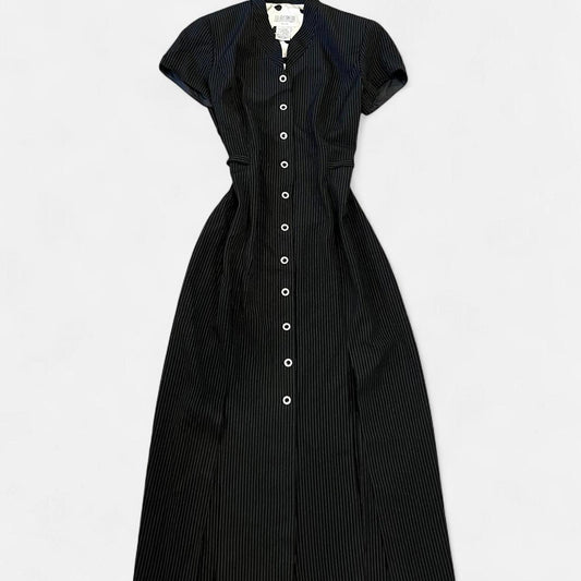Vintage 90s Pinstripe Midi Dress Button Front Minimalist Office Core