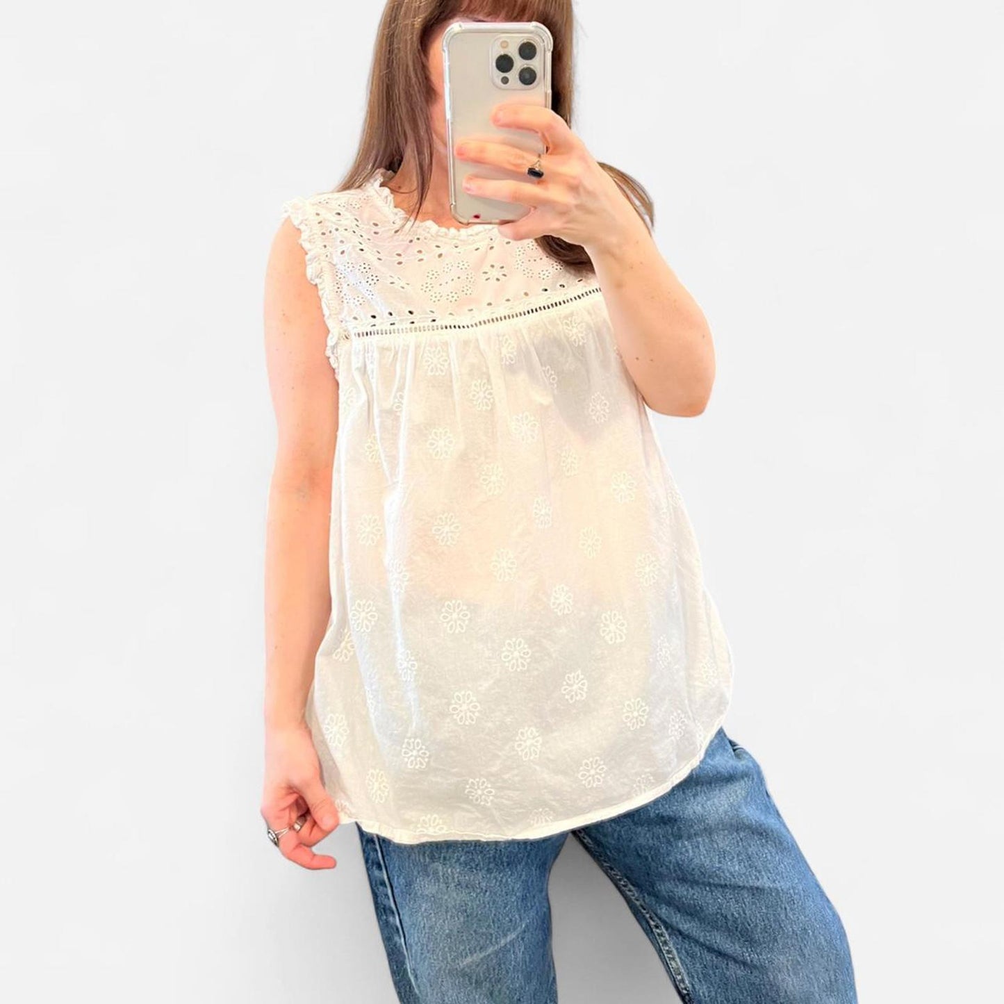 White Eyelet Cotton Sleeveless Blouse