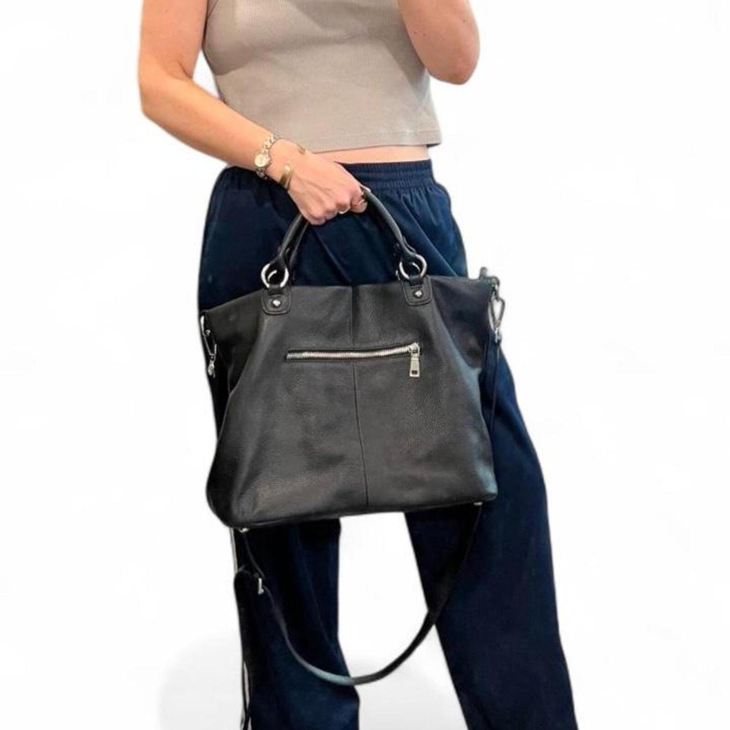 Black Pebbled Leather Slouchy Tote Bag Oversized Shoulder Crossbody Purse