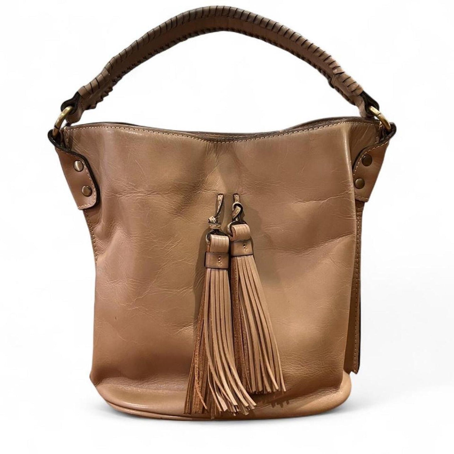 Vintage Y2K Tan Leather Tassel Shoulder Bucket Bag