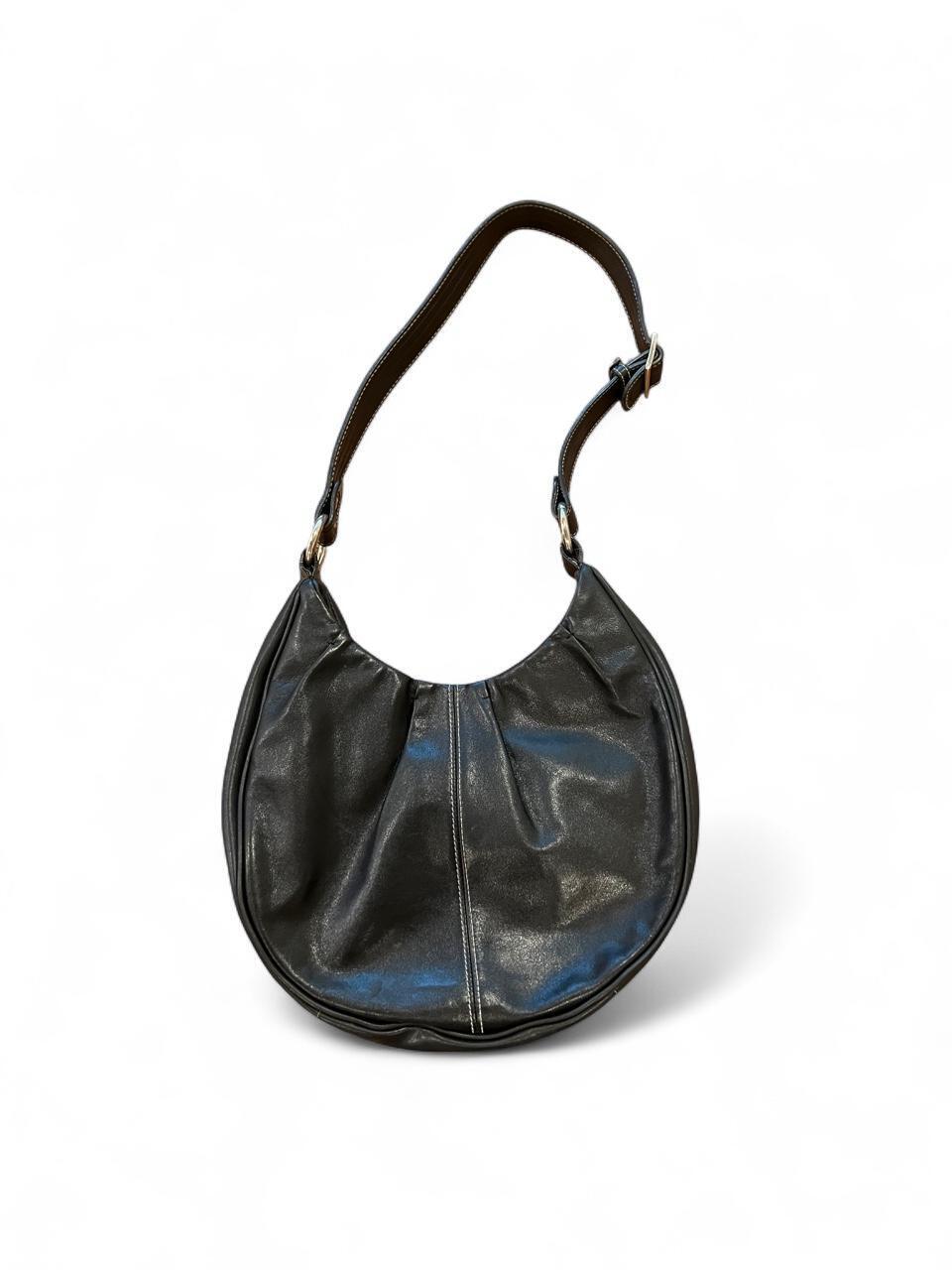 Vintage Y2K Black Genuine Leather Slouch Shoulder Bag Zip Hobo