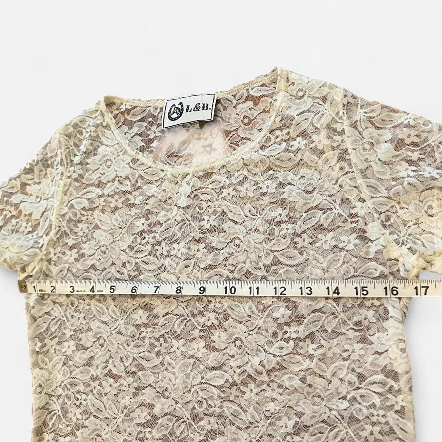Vintage Y2K Sheer Lace Top Coquette Baby Tee Cream Floral