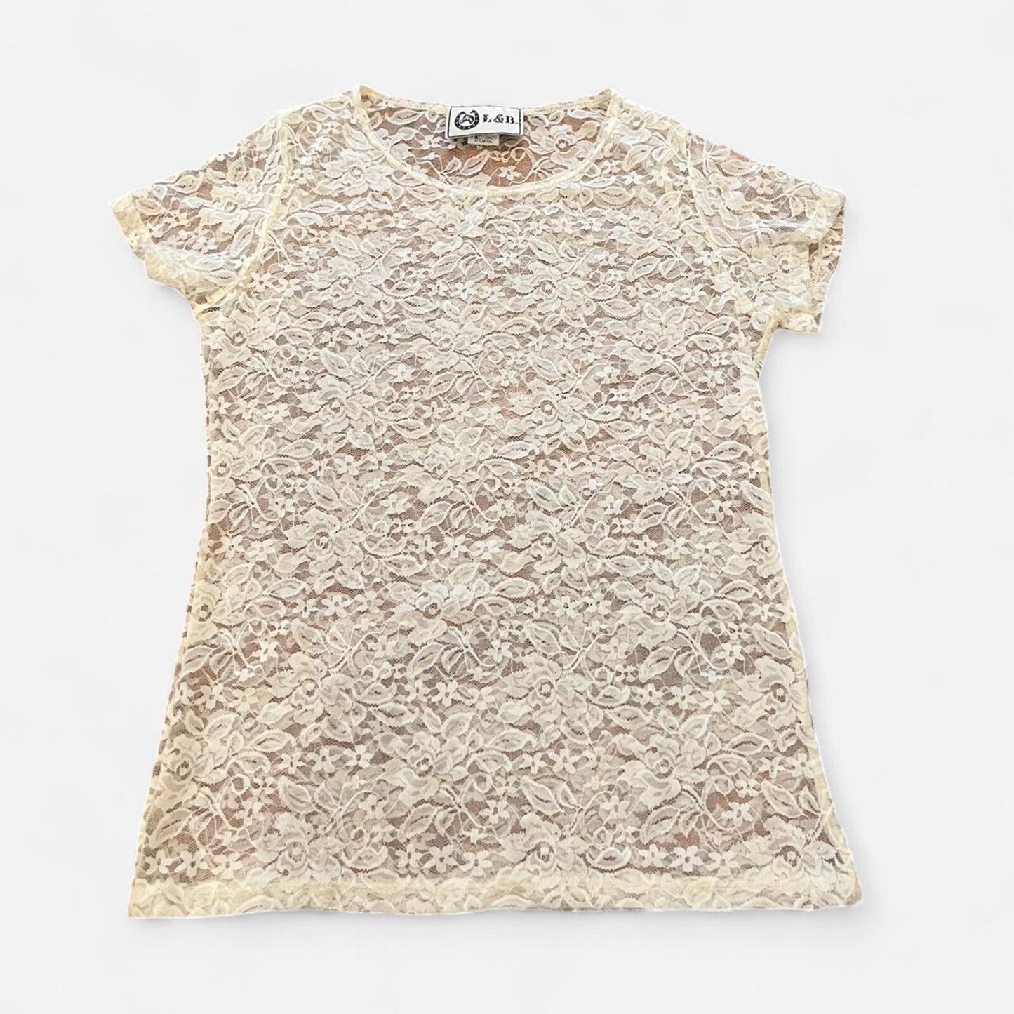 Vintage Y2K Sheer Lace Top Coquette Baby Tee Cream Floral
