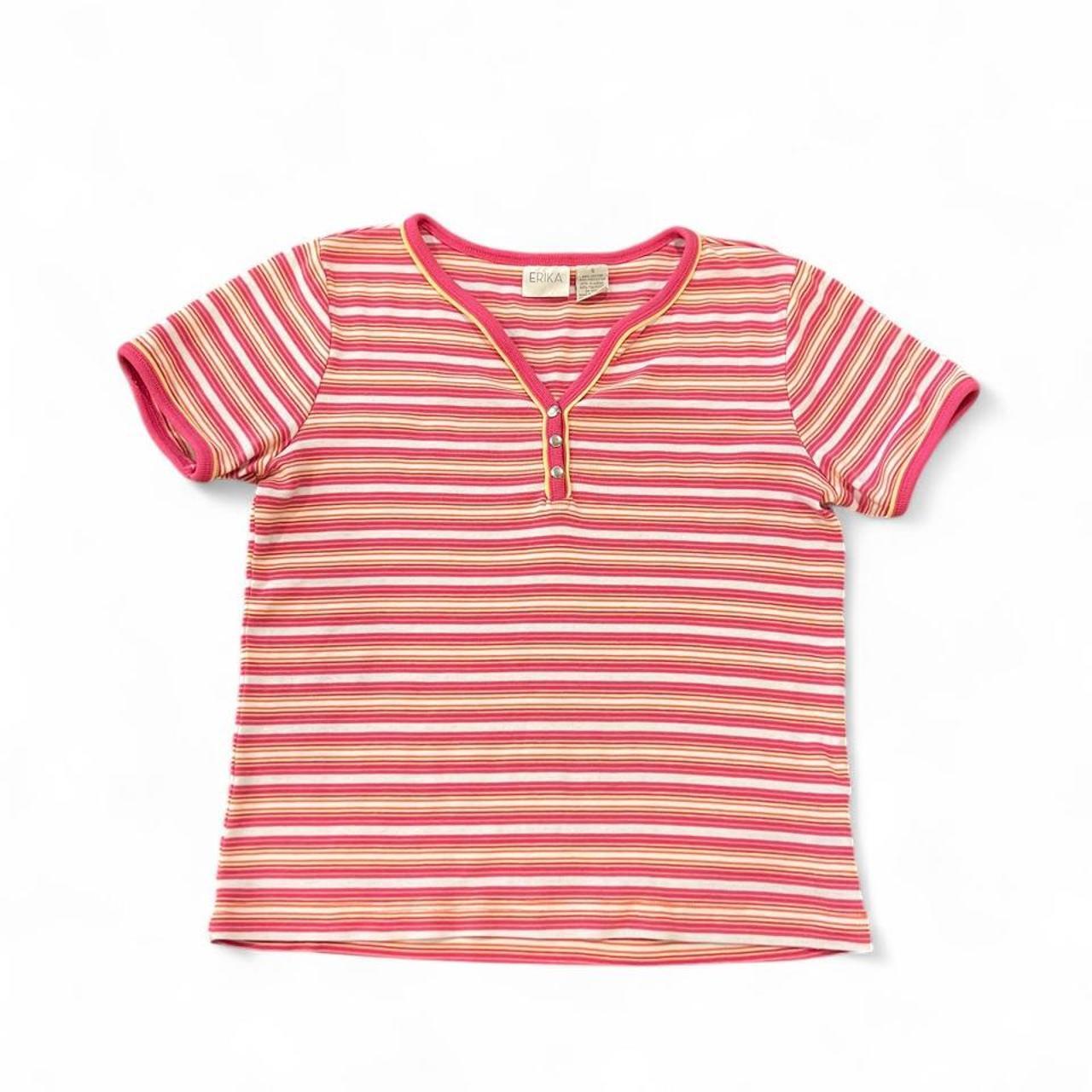 Vintage Y2K Pink Striped Baby Tee Henley Ribbed Fitted Short Sleeve Top