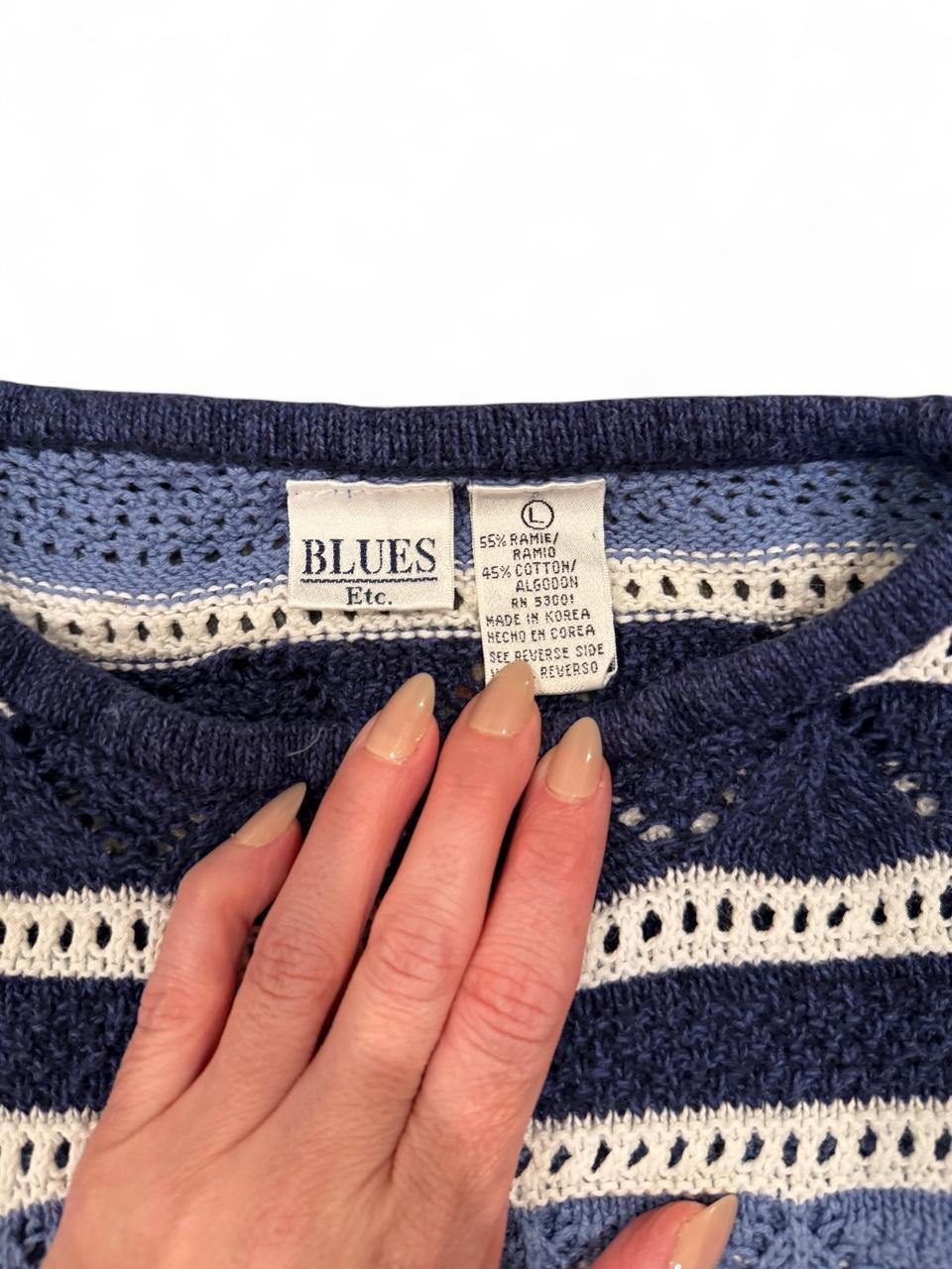 Vintage 90s Blue Open Knit Striped Sweater
