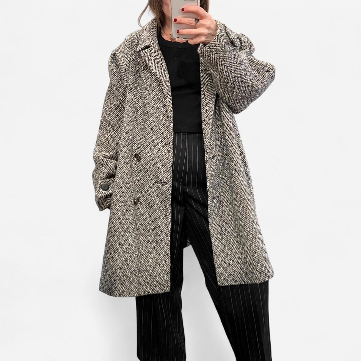 Vintage 90’s Herringbone Wool Blend Overcoat – Oversized Grandpa Coat