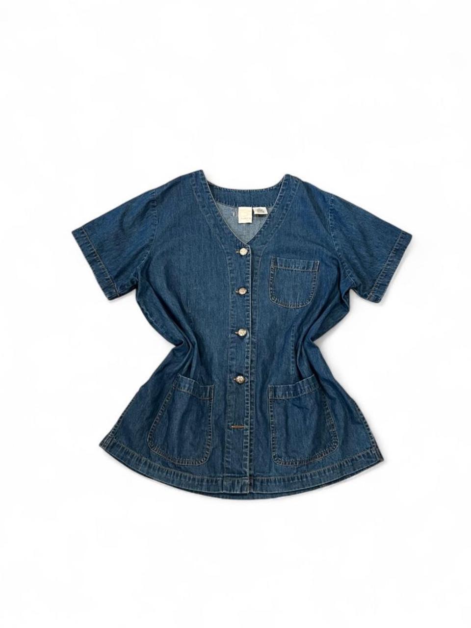 Vintage 90s Denim Utility Tunic Top Button Front Shirt Jacket