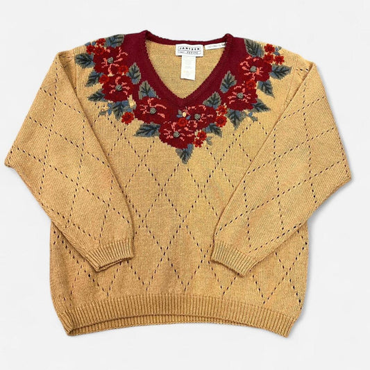Vintage 90s Cottagecore Floral Embroidered Sweater Jantzen Petite Grandpa Knit