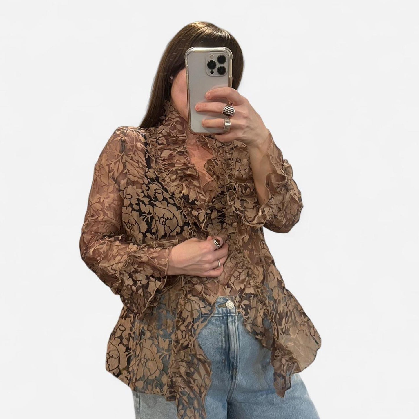 Vintage 90s Romantic Brown Sheer Floral Ruffle Blouse
