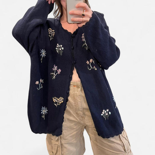 Vintage 90’s Floral Embroidered Knit Cardigan Cottagecore Oversized