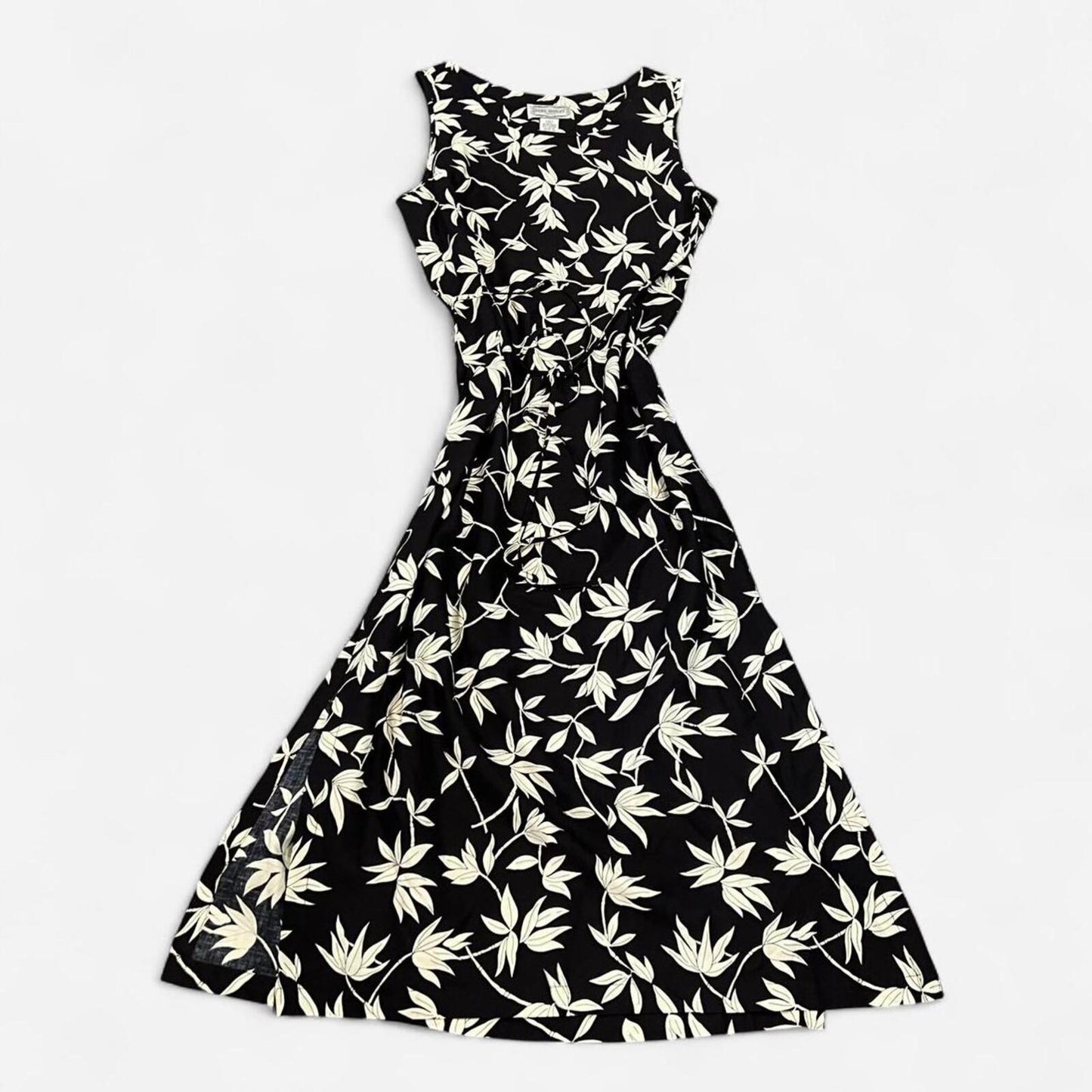 Vintage 90s Black Floral Midi Dress White Leaf Print Tie Back