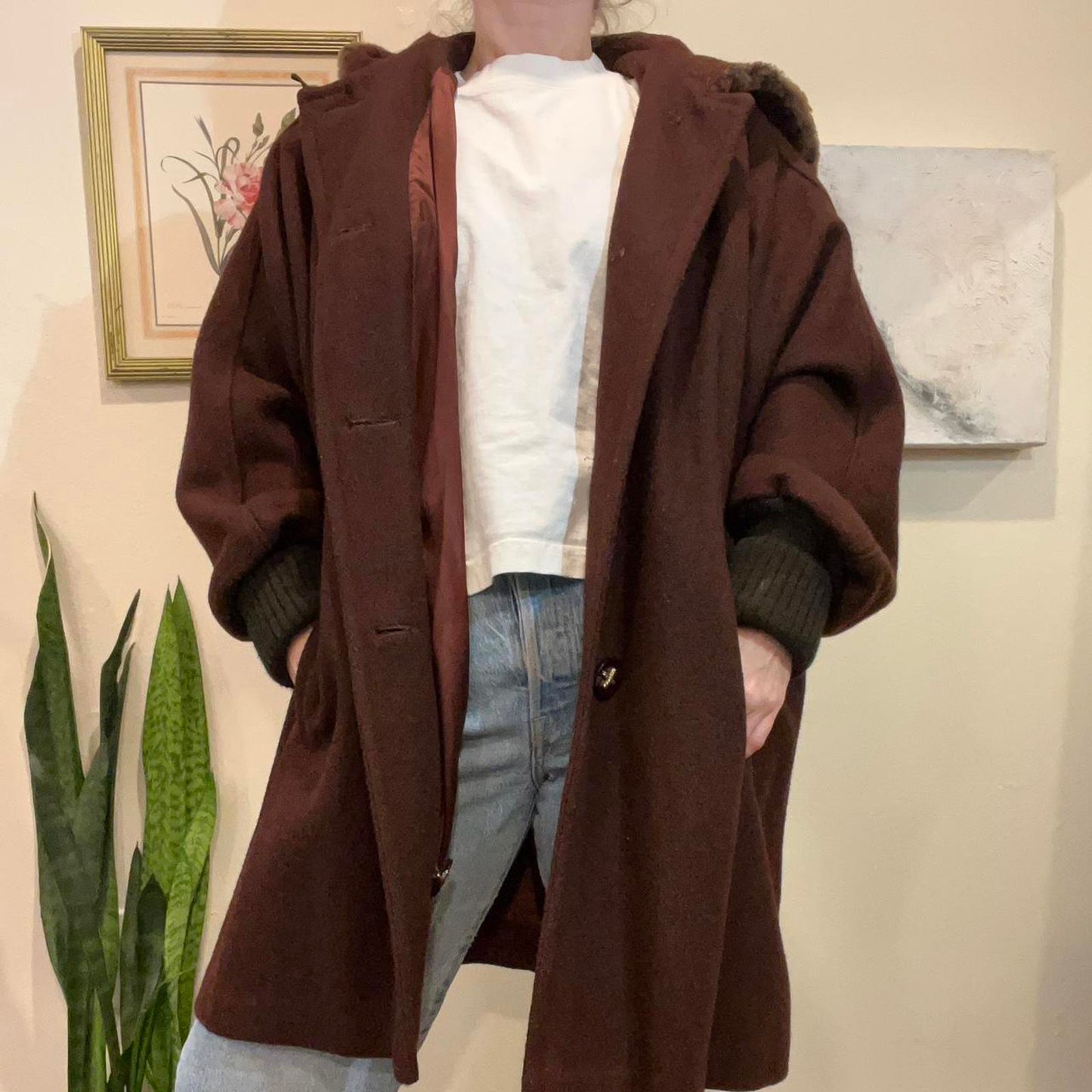 Vintage Brown Wool Hooded Coat/ Leopard Print Hood