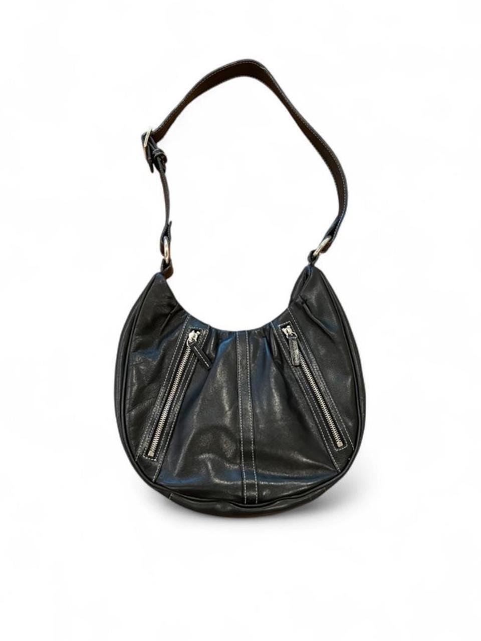 Vintage Y2K Black Genuine Leather Slouch Shoulder Bag Zip Hobo