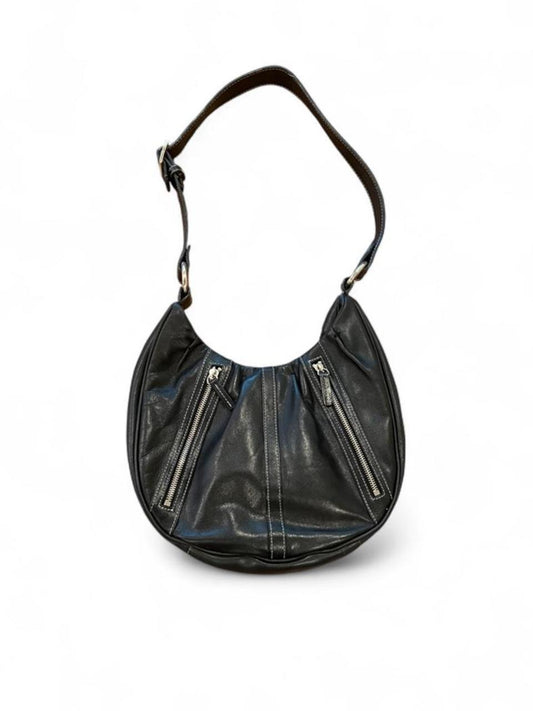 Vintage Y2K Black Genuine Leather Slouch Shoulder Bag Zip Hobo
