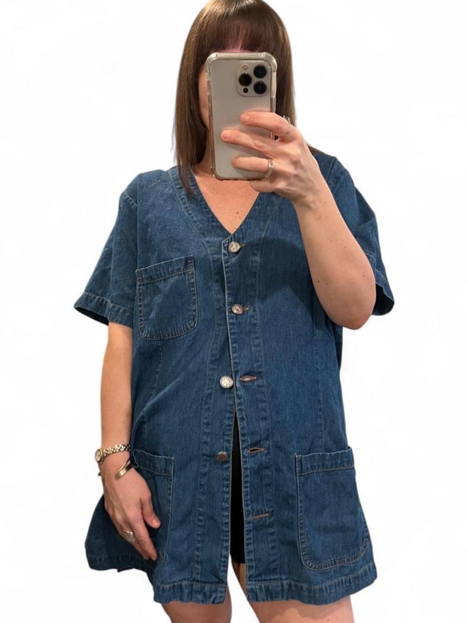 Vintage 90s Denim Utility Tunic Top Button Front Shirt Jacket