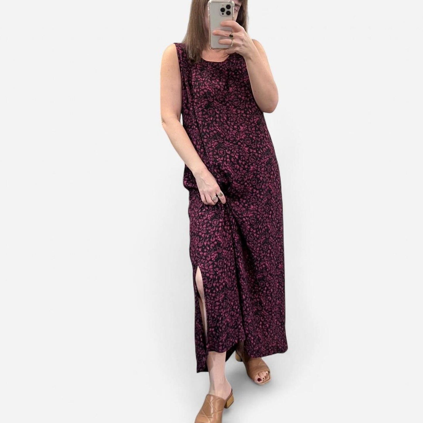 Vintage 90s Floral Maxi Dress Black Pink Slit Rayon