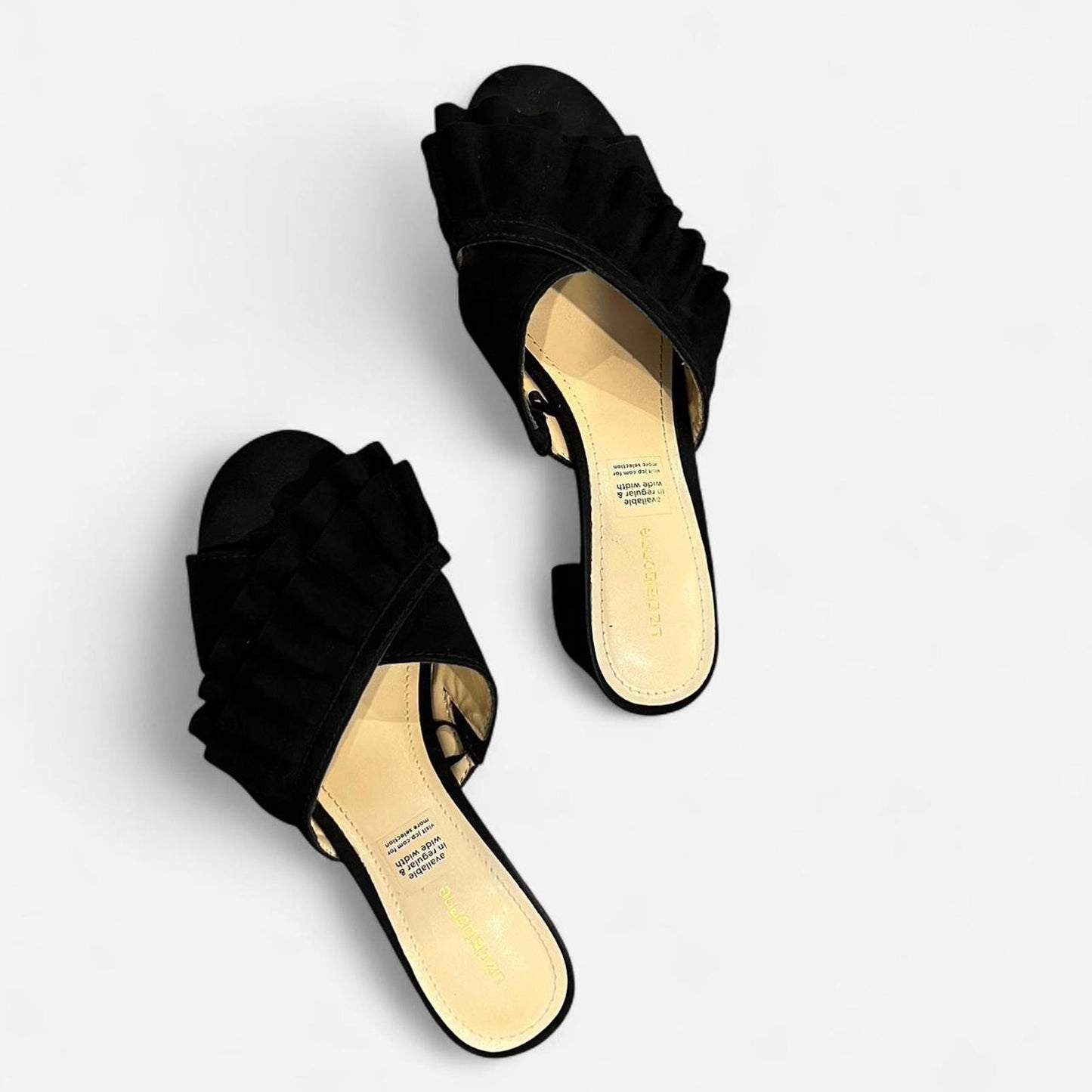 Black Suede Ruffle Mule Heels