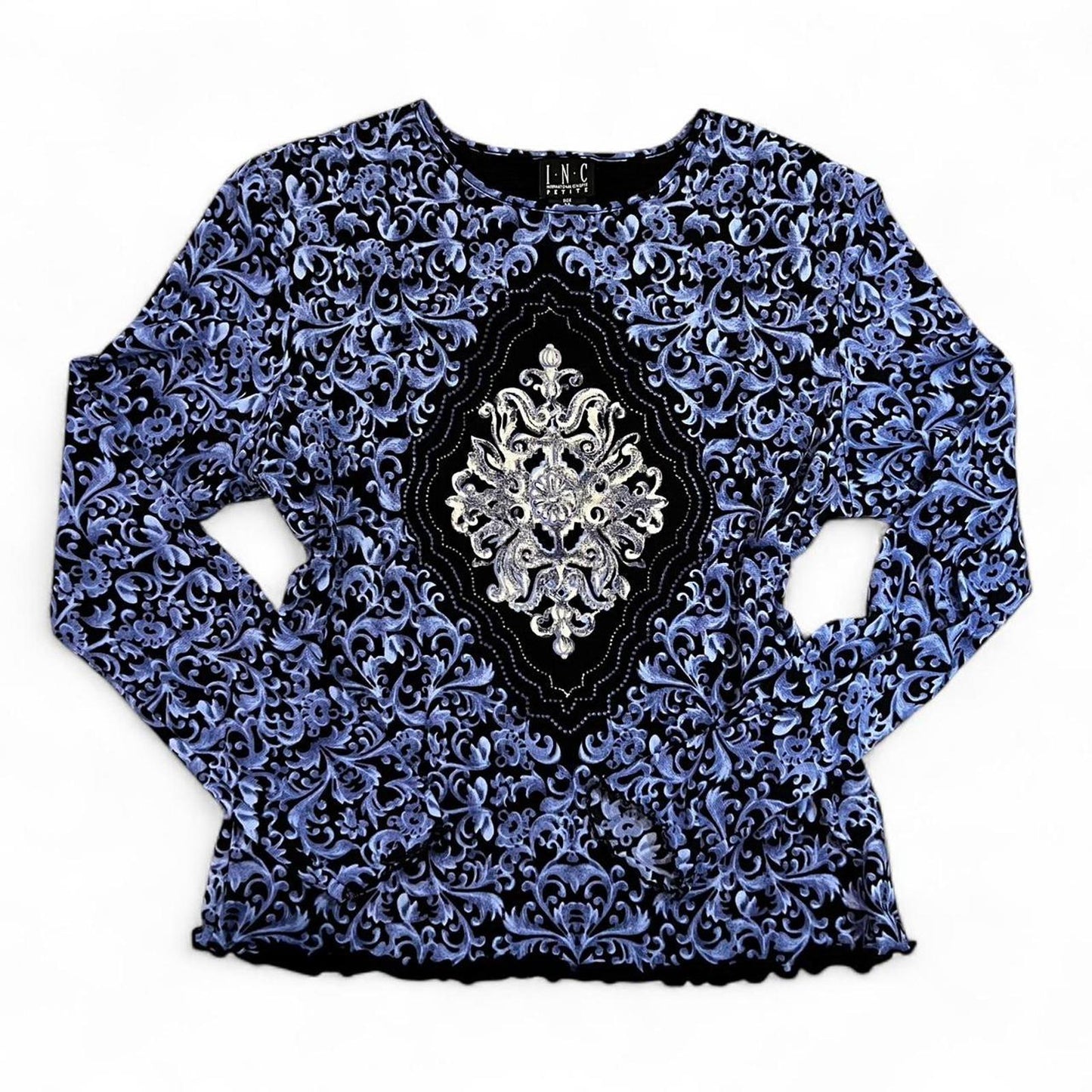 Vintage Y2K Sheer Mesh Gothic Print Long Sleeve Top