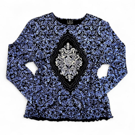 Vintage Y2K Sheer Mesh Gothic Print Long Sleeve Top