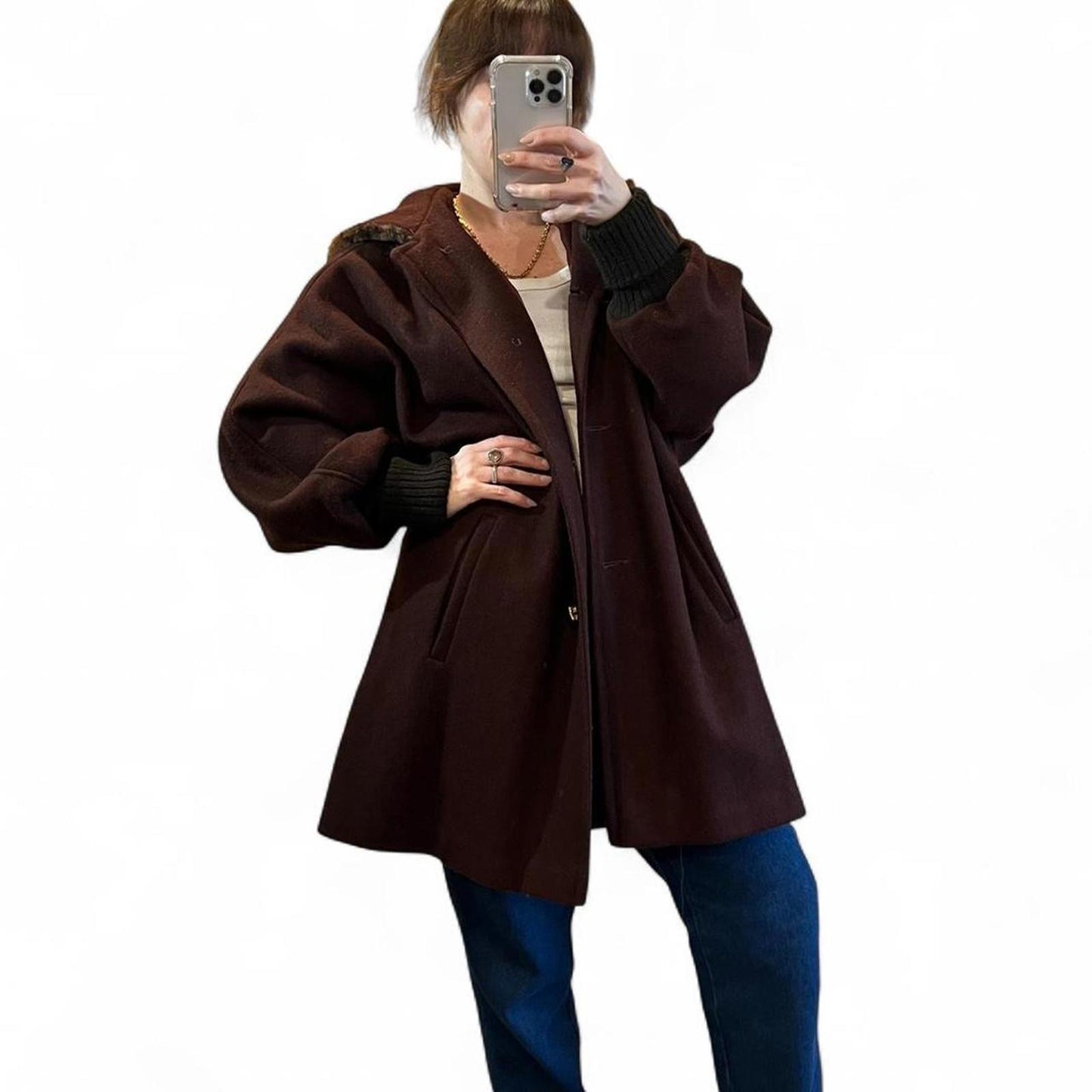 Vintage Brown Wool Hooded Coat/ Leopard Print Hood
