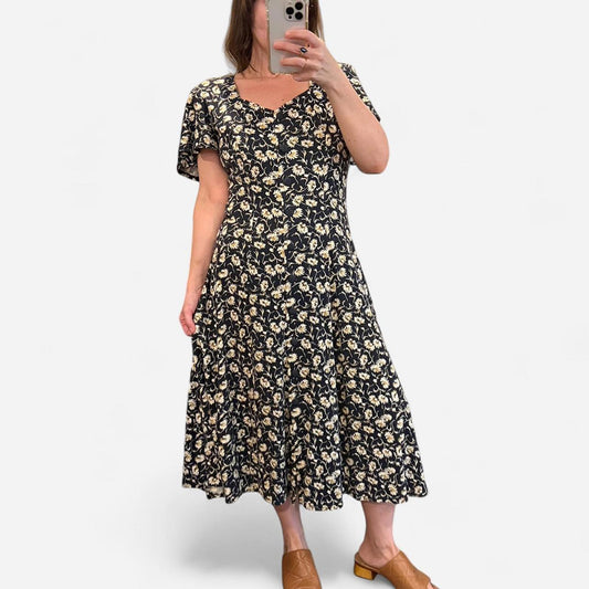 Vintage 90s Floral Midi Dress Cottagecore Daisy Button Front