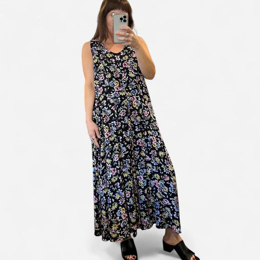 Vintage 90’s Floral Midi Dress Black Rayon Cottagecore