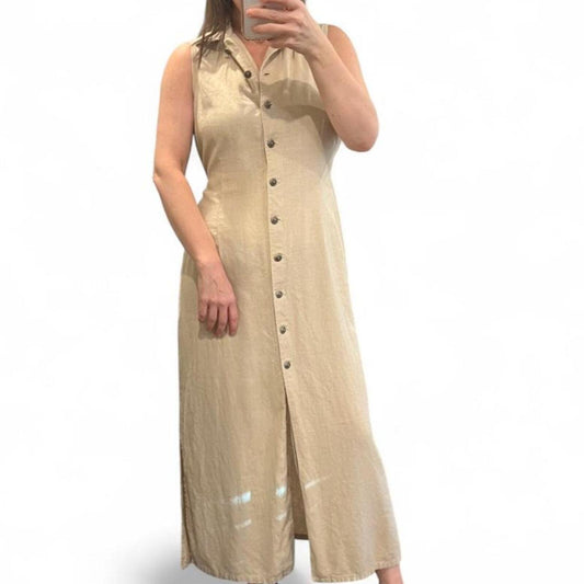 Vintage 90s Linen Blend Button Front Maxi Dress Beige Cottagecore