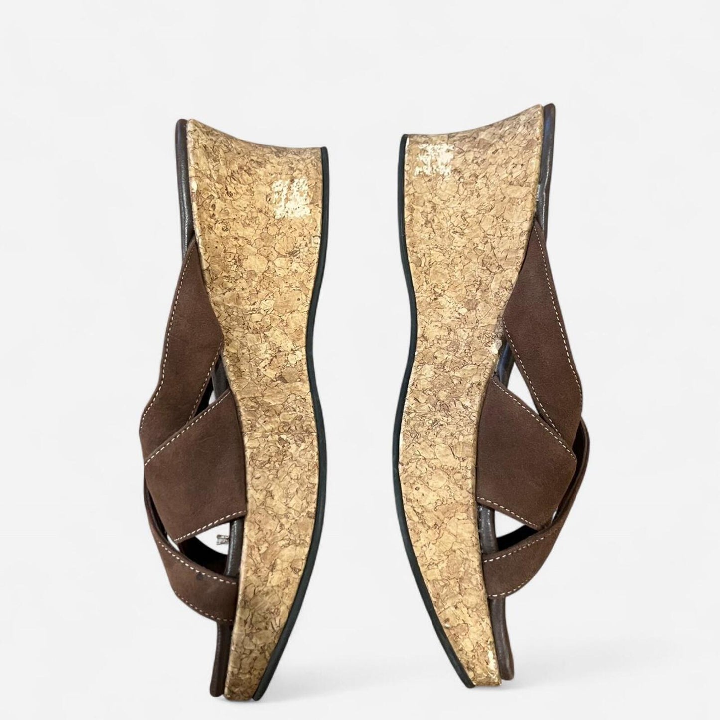 Y2K Brown Leather Cork Wedge Slides Platform Sandals