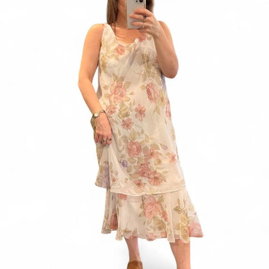 Vintage Floral Chiffon Midi Dress Cottagecore Fairycore Romantic