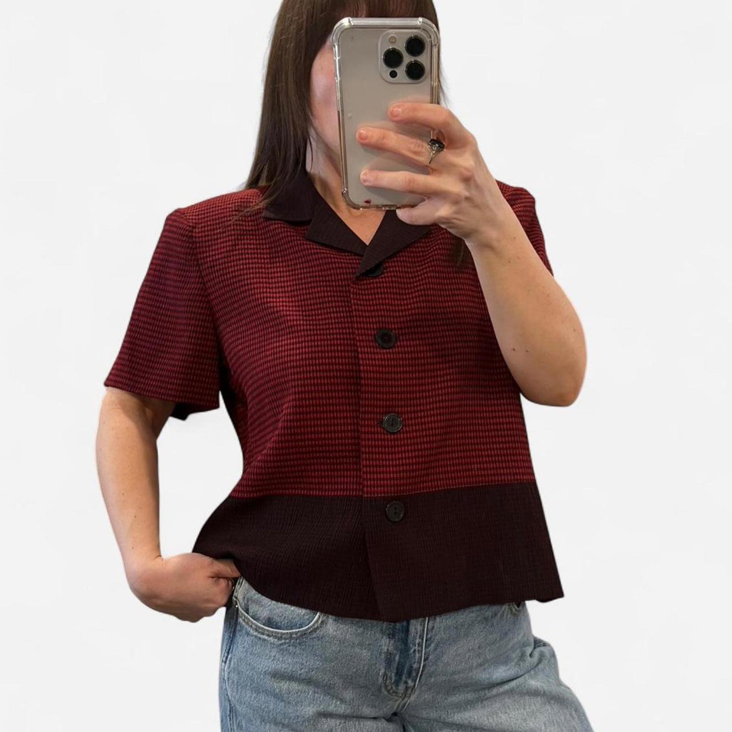Vintage 90s Red Gingham Blouse Button Front Top