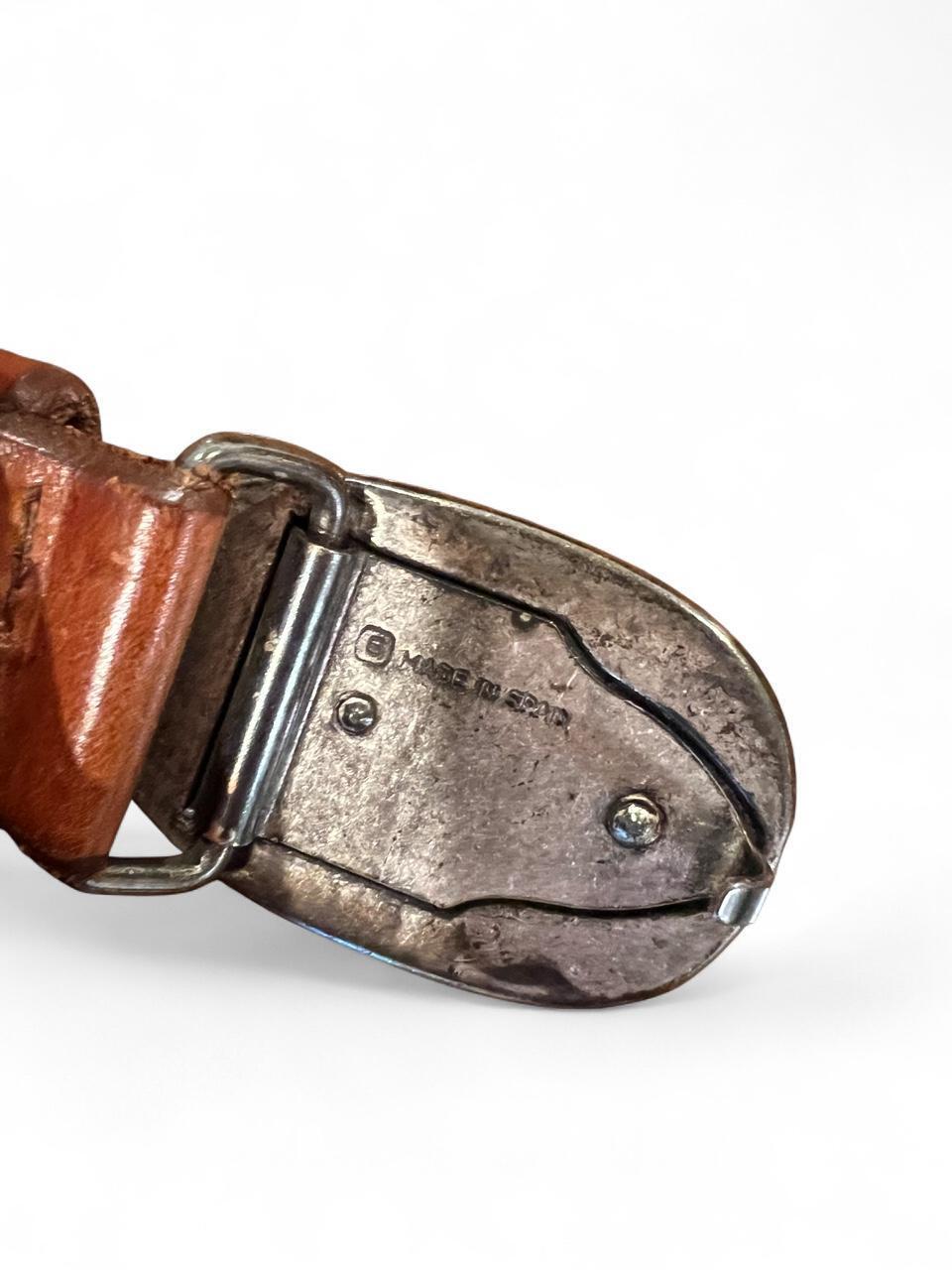 Vintage Brown Leather Belt Silver Engraved Buckle 90s Y2K