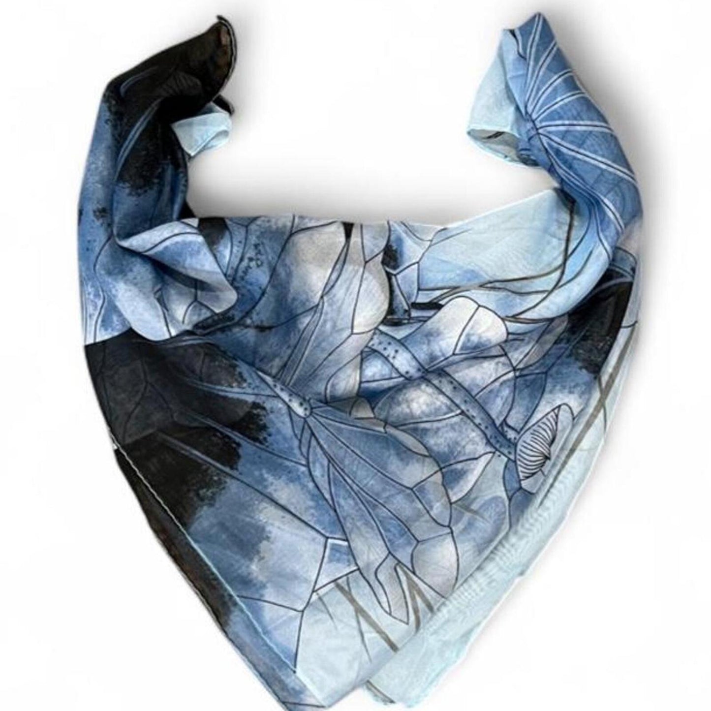 Vintage Y2K Blue Floral Sheer Scarf Lotus Print Lightweight Wrap