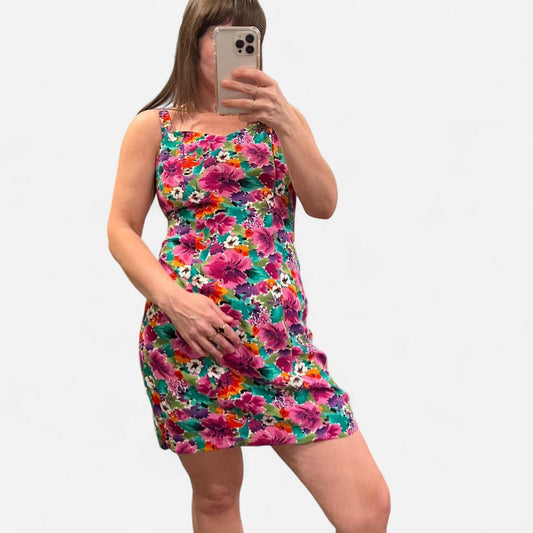 Vintage 90s Floral Mini Dress Bright Colorful Dress