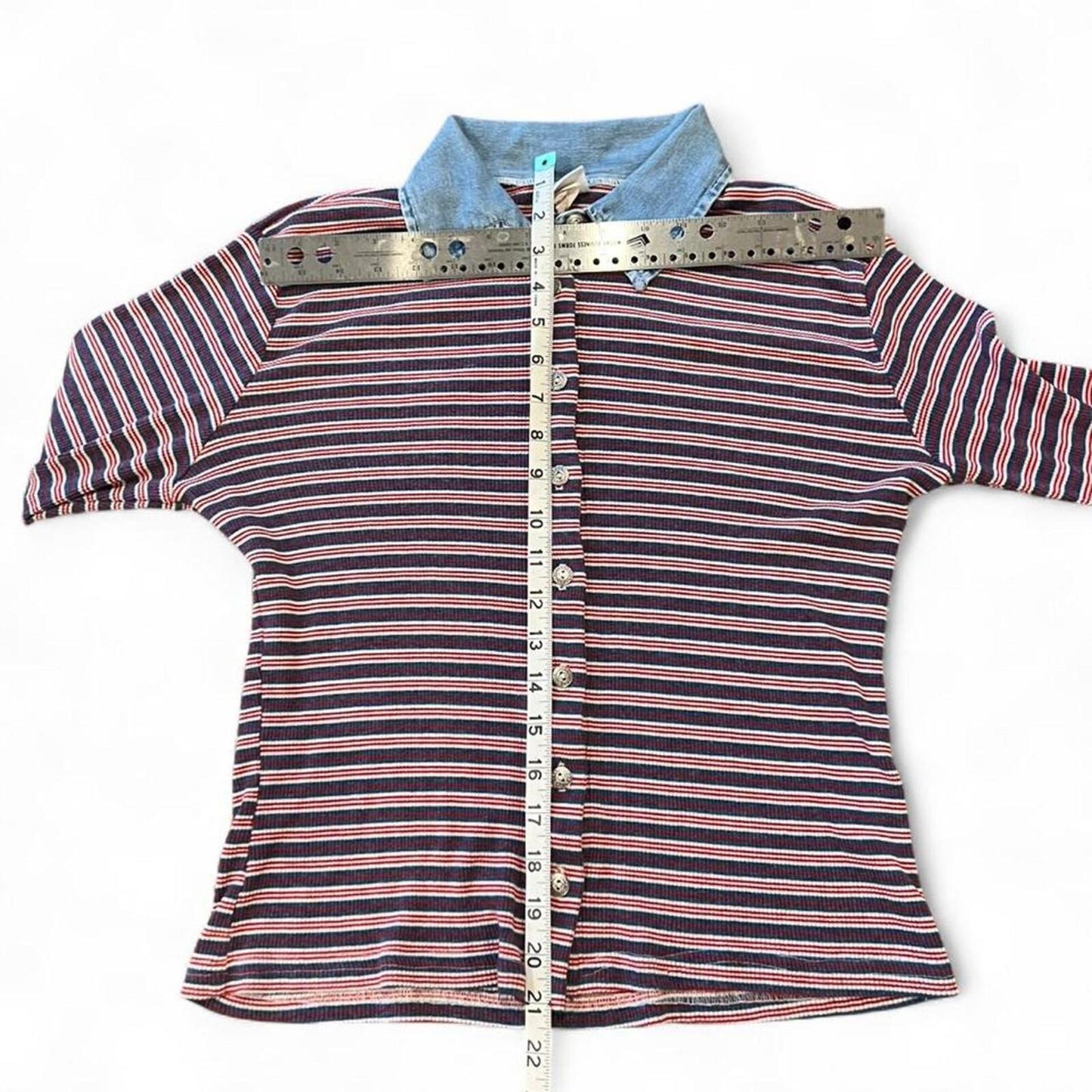 Vintage Y2K striped ribbed button up top with denim collar