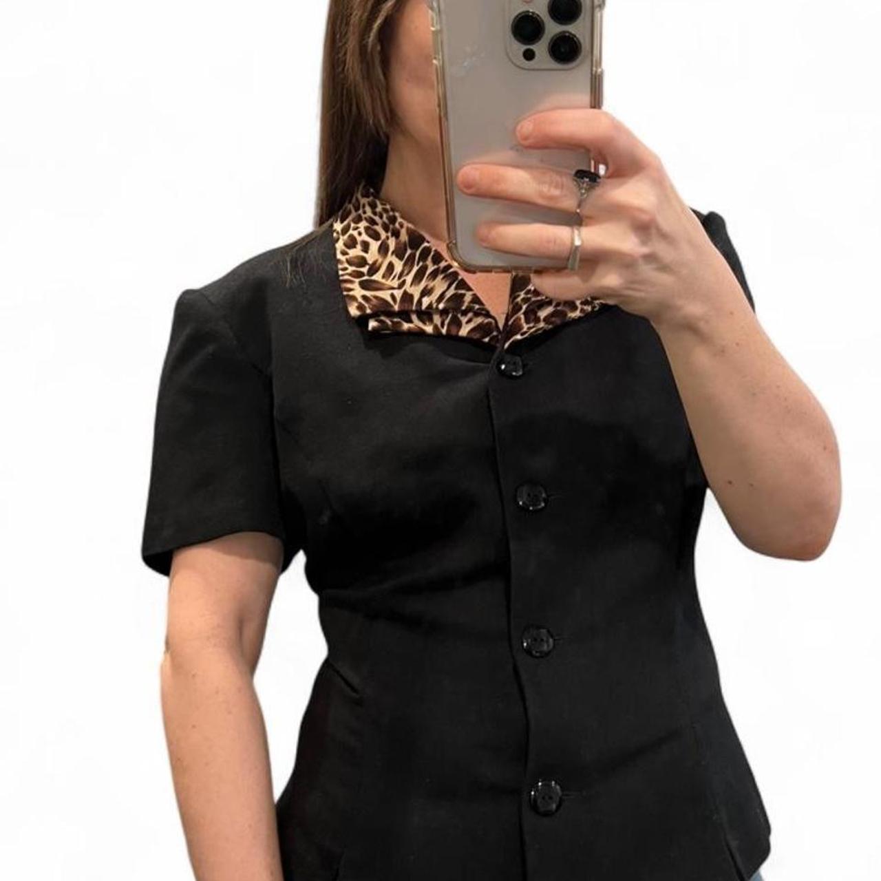 Vintage Leopard Collar Button Front Top Black Fitted Blouse