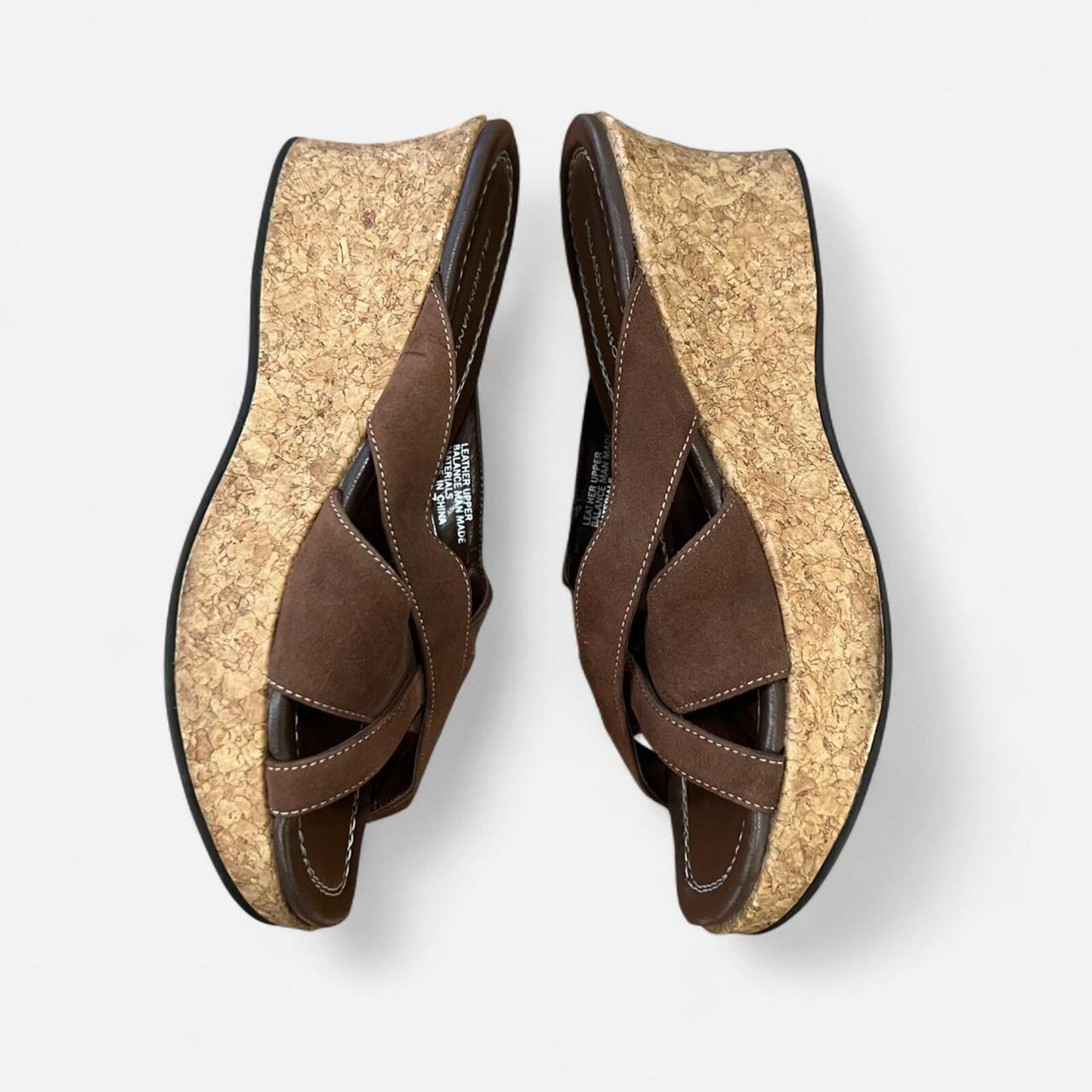 Y2K Brown Leather Cork Wedge Slides Platform Sandals