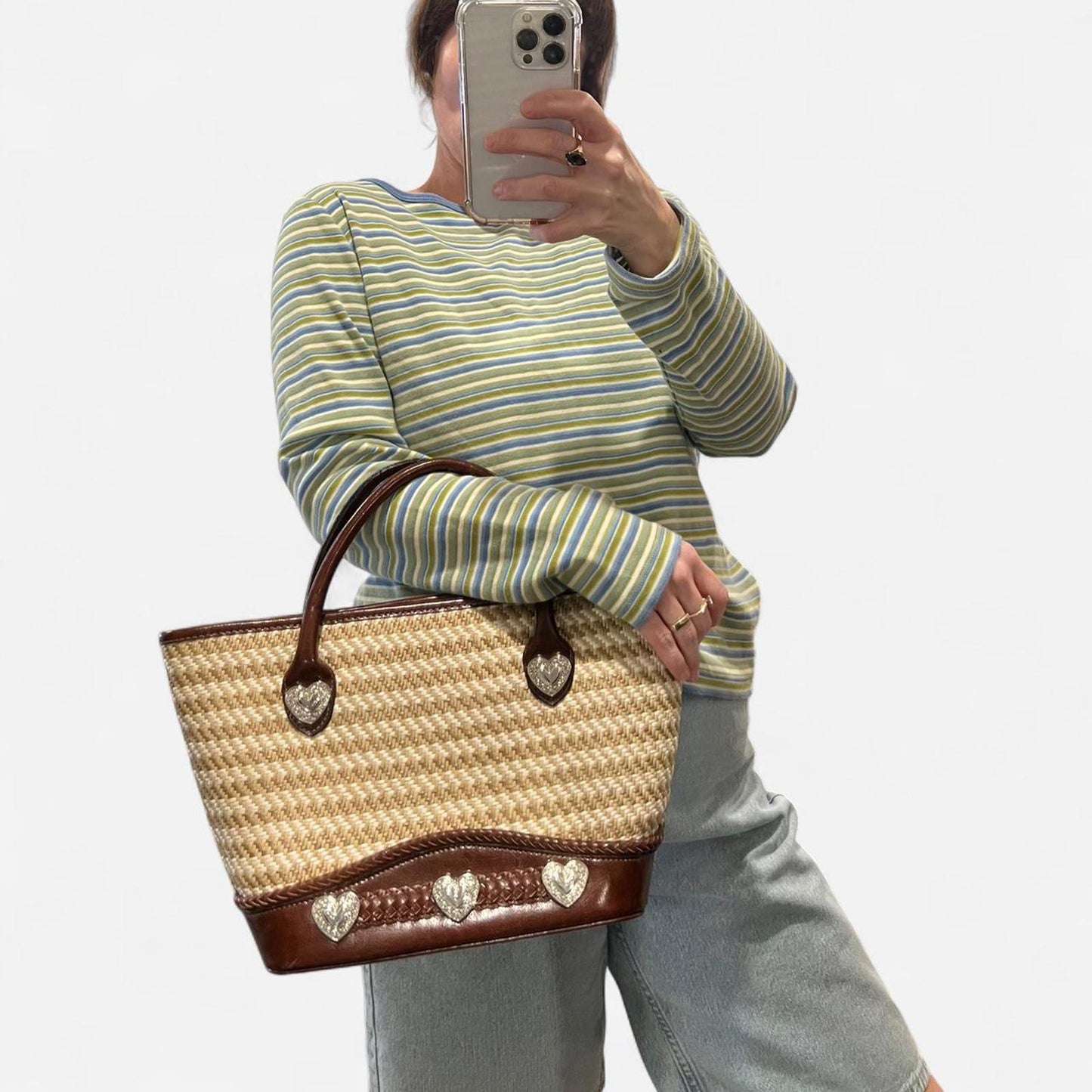 Vintage Y2K Woven Straw Tote Brown Leather Heart Bag
