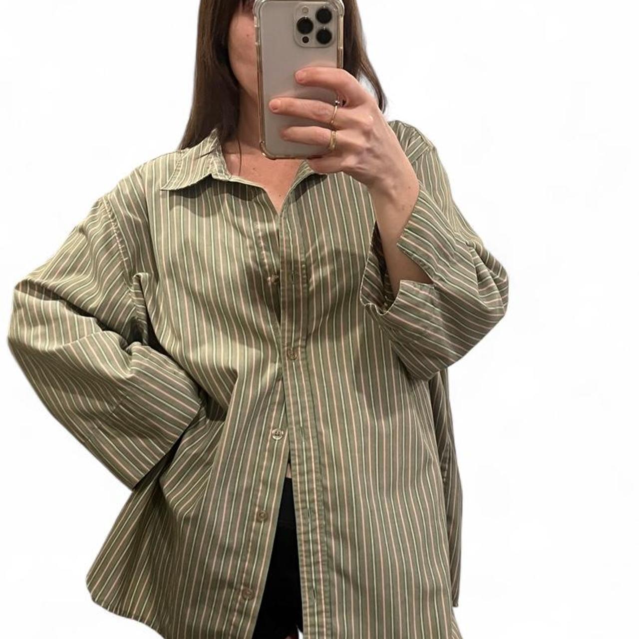 Vintage Sage Green Striped Oversized Button Up Shirt
