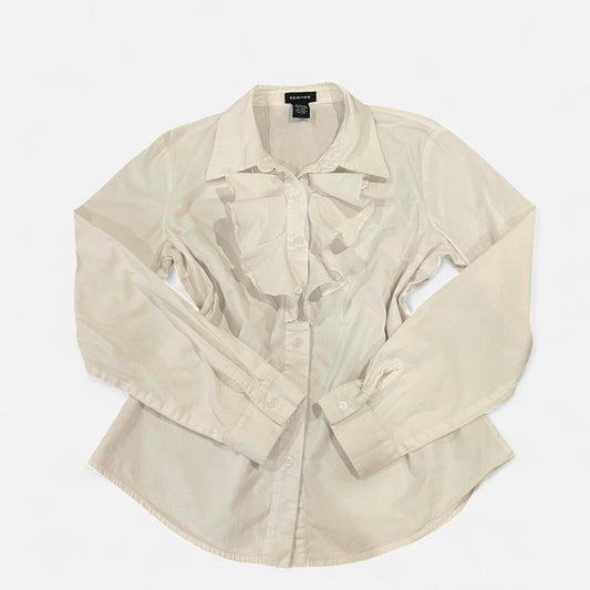 Vintage Y2K White Ruffle Button Up Blouse Fitted Stretch