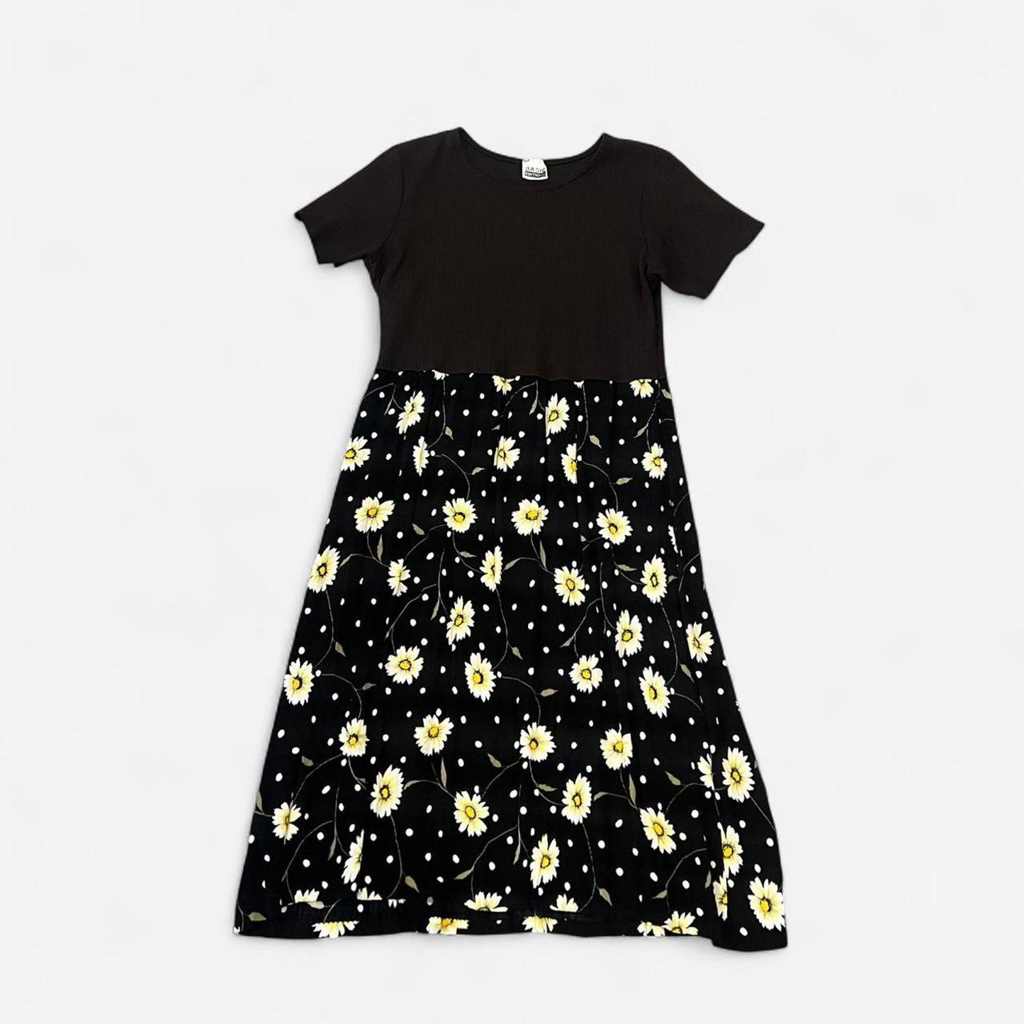 Vintage 90s Daisy Print Midi Dress Black Floral Babydoll
