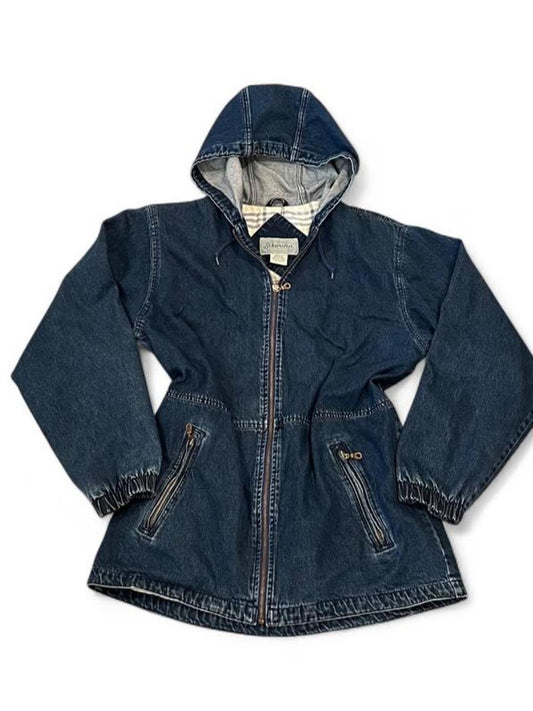 Vintage Hooded Denim Barn Jacket Plaid Lined Zip Up