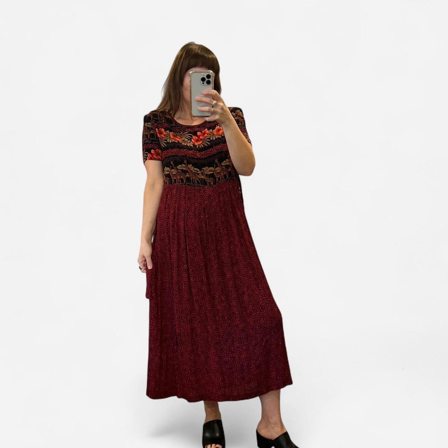 Vintage Safari Print Midi Dress Giraffe Animal Print 90s Grunge