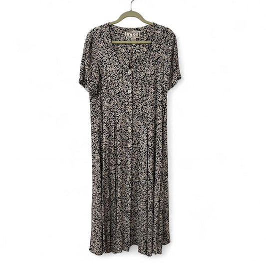 Vintage 90s Black Floral Button Front Maxi Dress