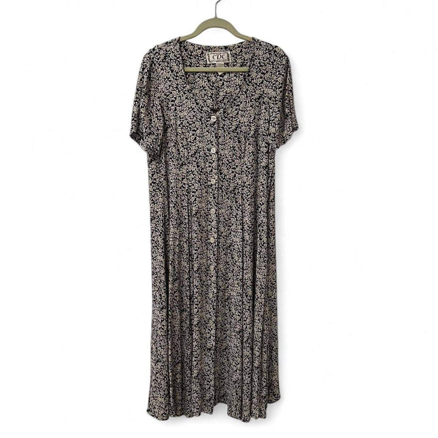 Vintage 90s Black Floral Button Front Maxi Dress