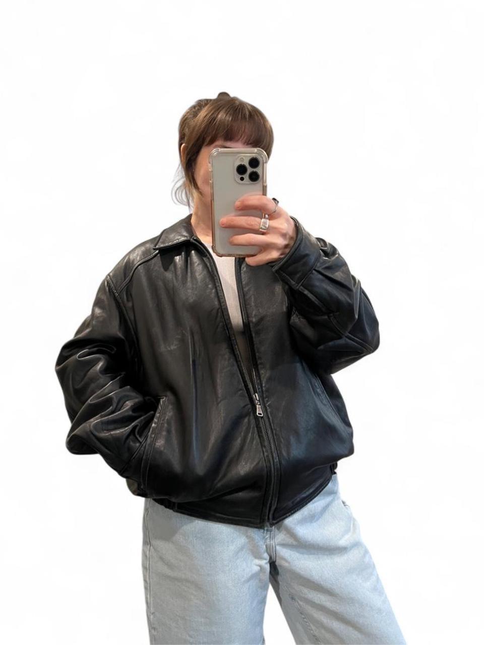 Vintage Black Leather Bomber Jacket Oversized Zip Front L